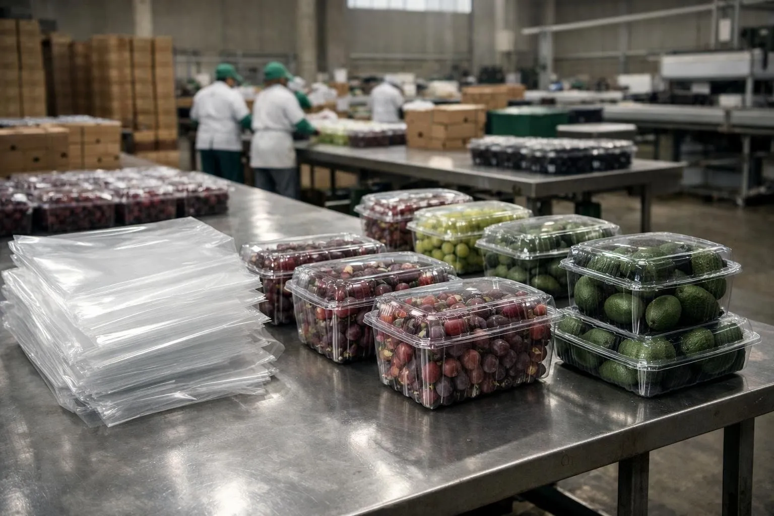 Mesa de empaque de fruta con bolsas y mangas plásticas transparentes