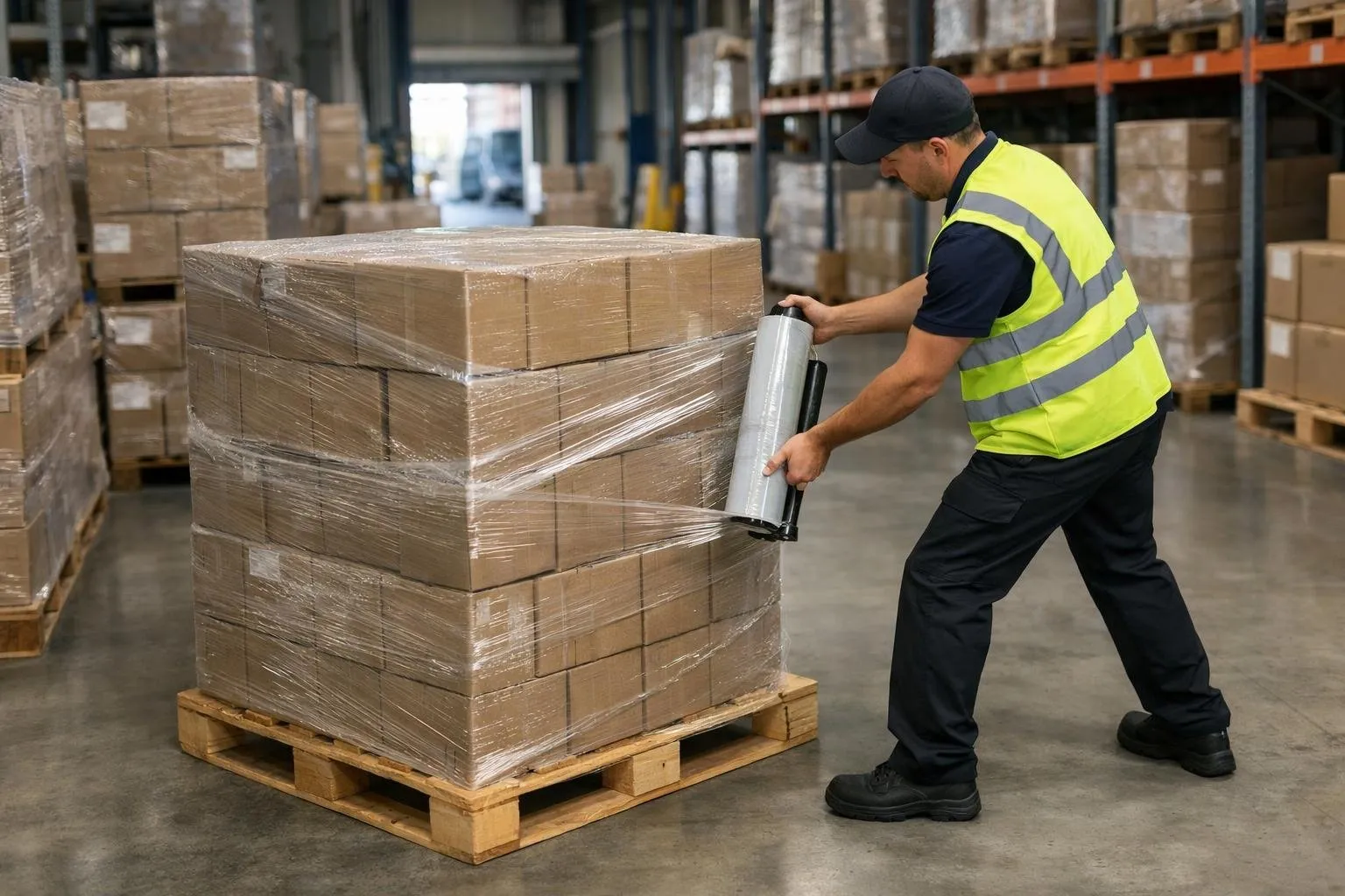 Operario aplicando stretch film a un pallet con cajas en un almacén