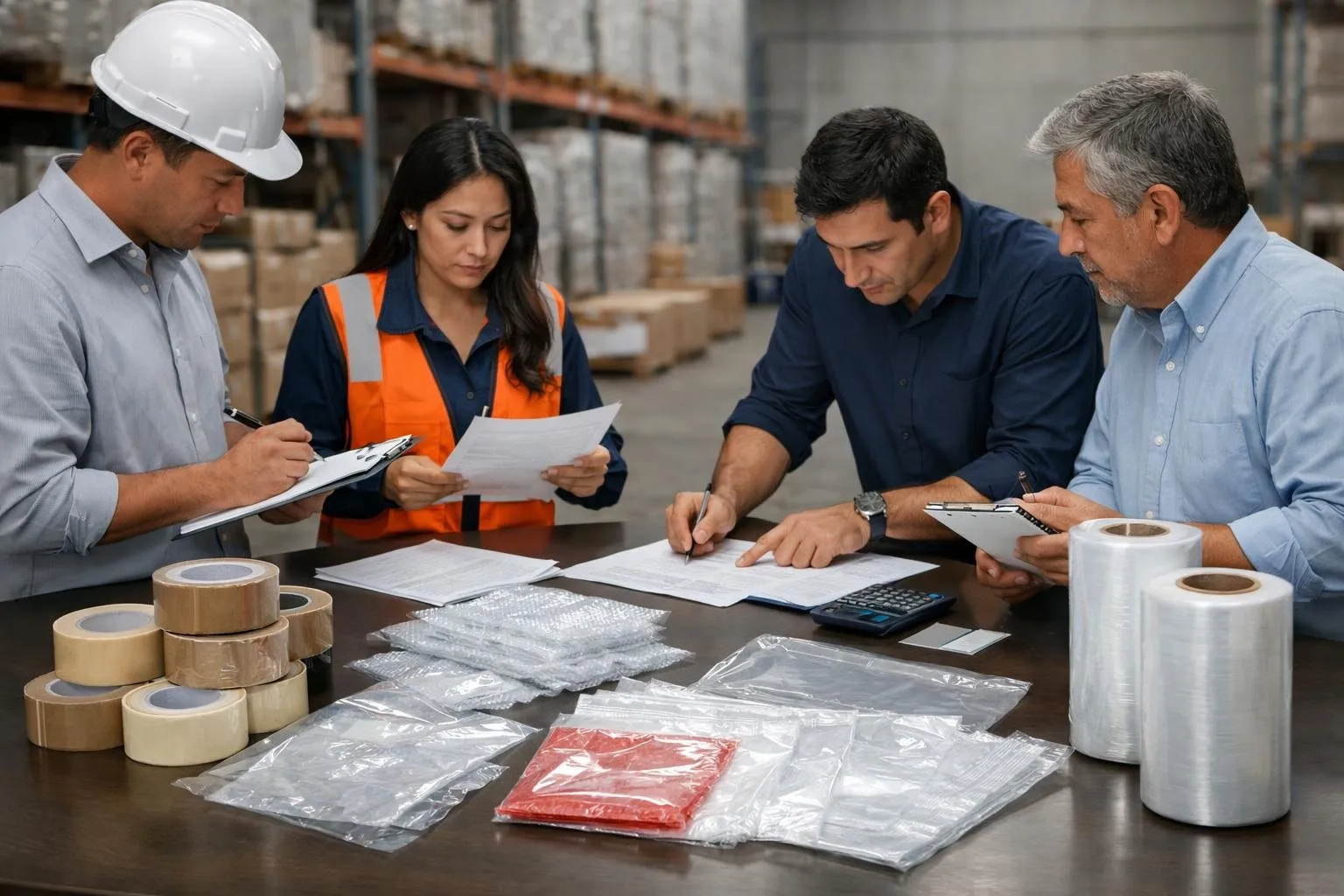 Muestras de empaques plásticos y cintas sobre una mesa en un almacén industrial
