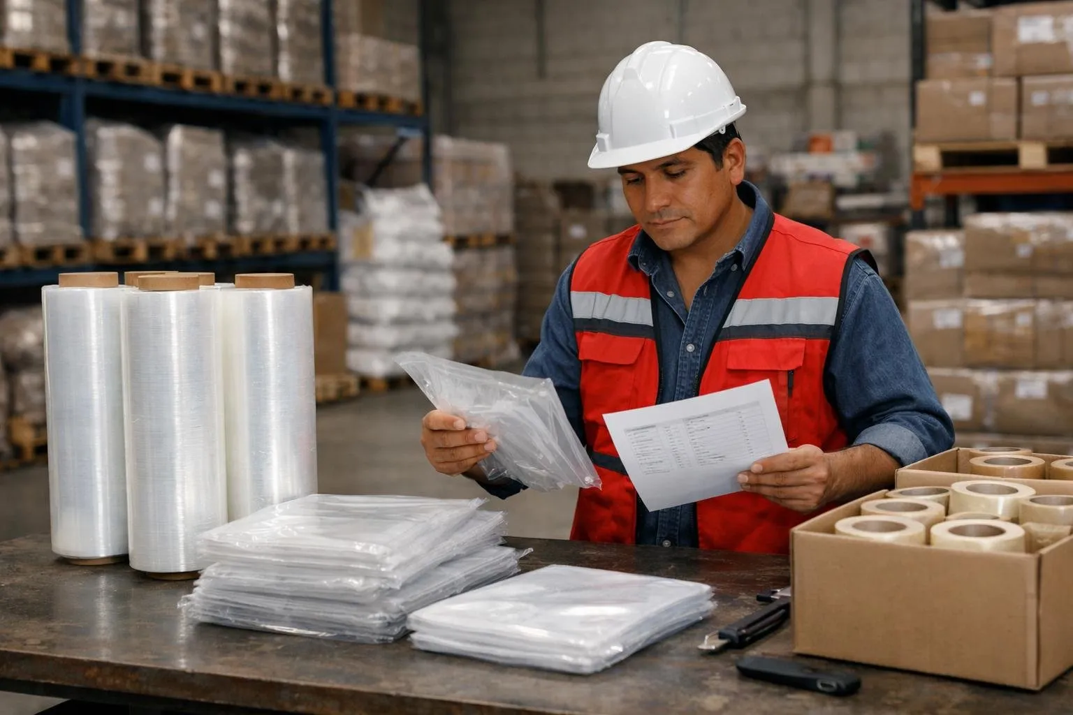 Supervisor revisando muestras de empaques plásticos en un almacén industrial
