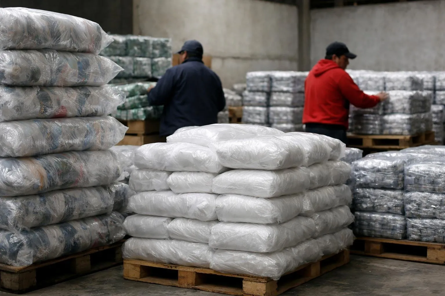 Bolsas de polietileno y productos empacados en un almacén industrial