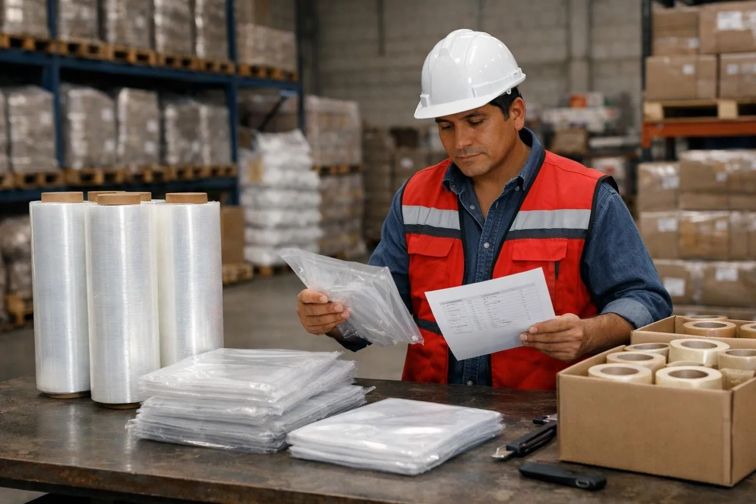 Inspectora revisando la calidad de rollos de film