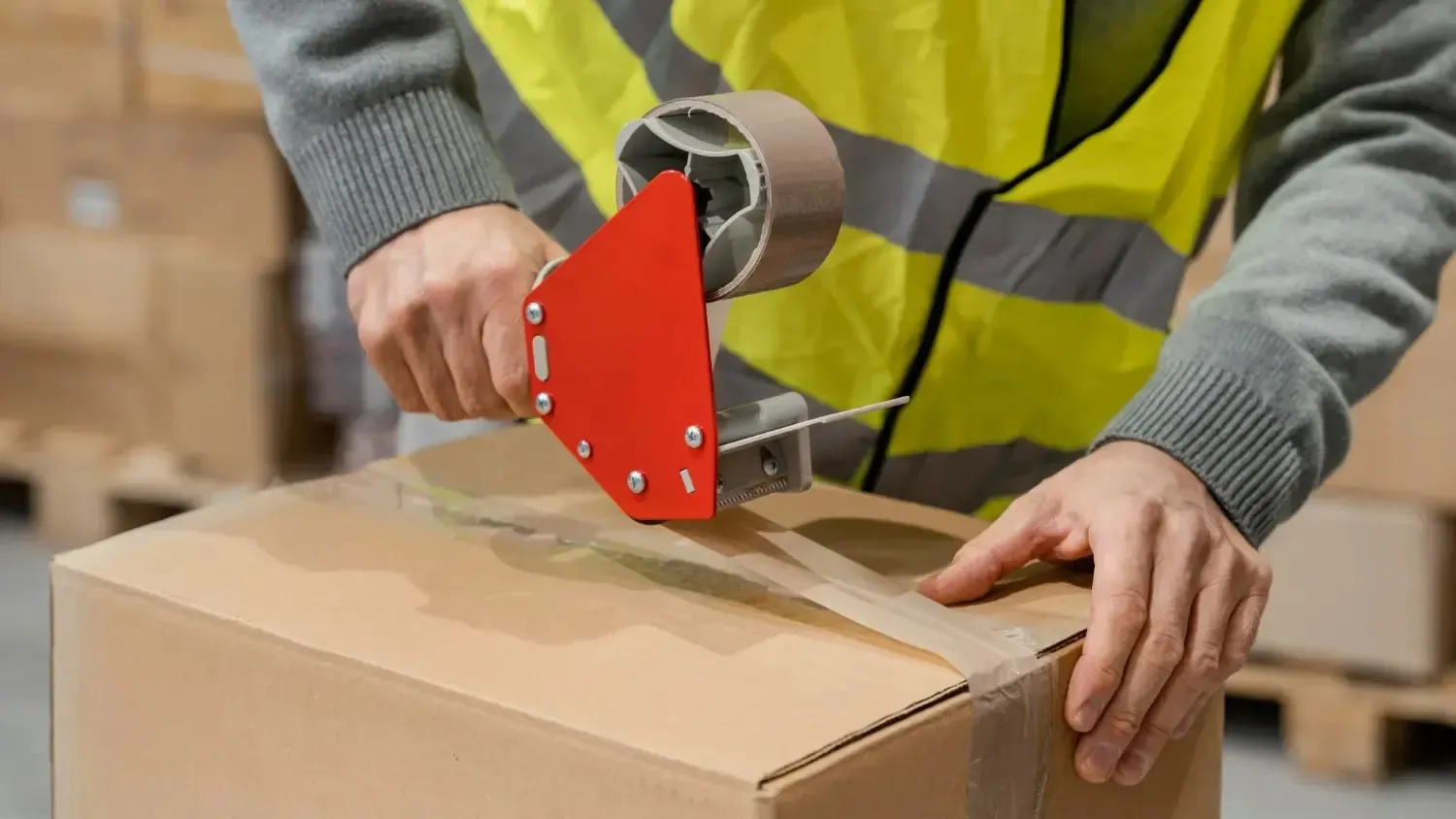 Manos sellando una caja de cartón con cinta de embalaje