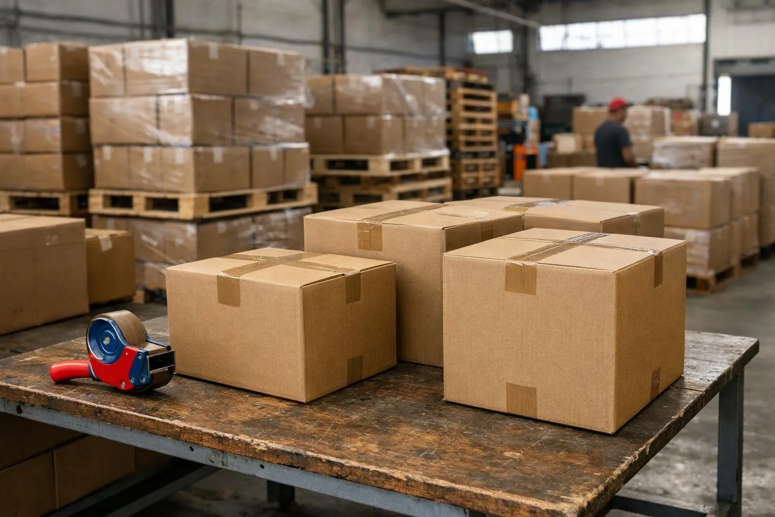 Cajas pesadas selladas con cinta de embalaje en una estación de empaque de almacén
