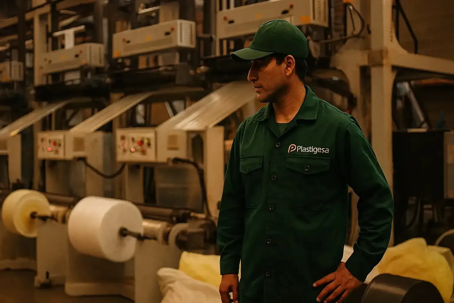 Operario de Plastigesa supervisando la línea de extrusión de film